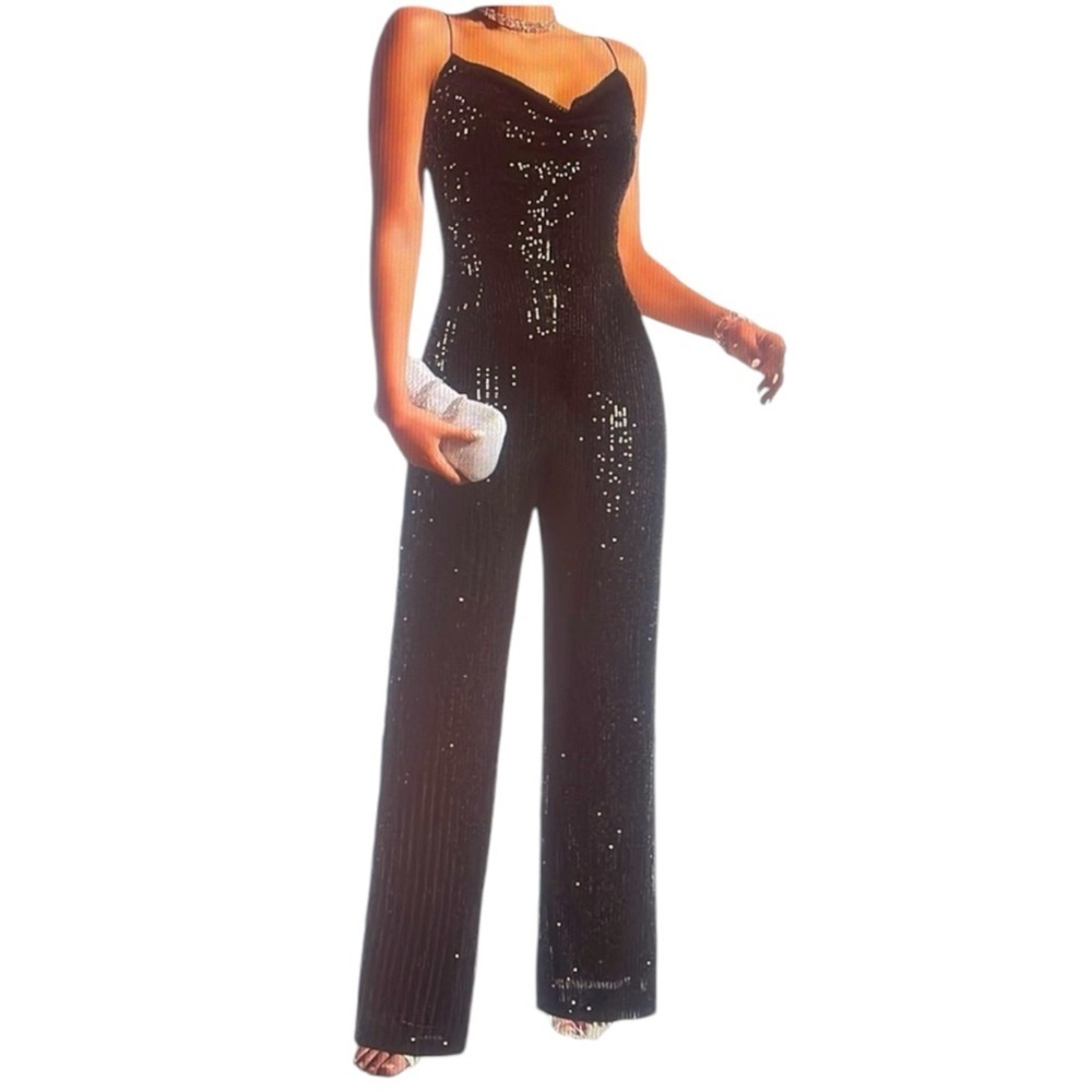 Sequined evening spaghetti strap zip back glitzy wide leg jumper Sz XL in blk